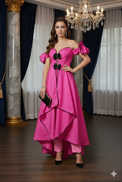 Robes Straplez Fırfırlı Omuz Detaylı Kısa Ön Uzun Arka Elbise Pantolonlu / Sö...