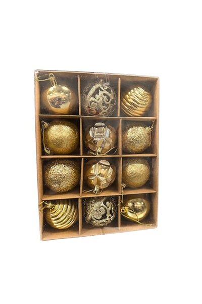 Clini Set de 12 globuri aurii pentru brad de Crăciun, 4x-0816, 6 cm
