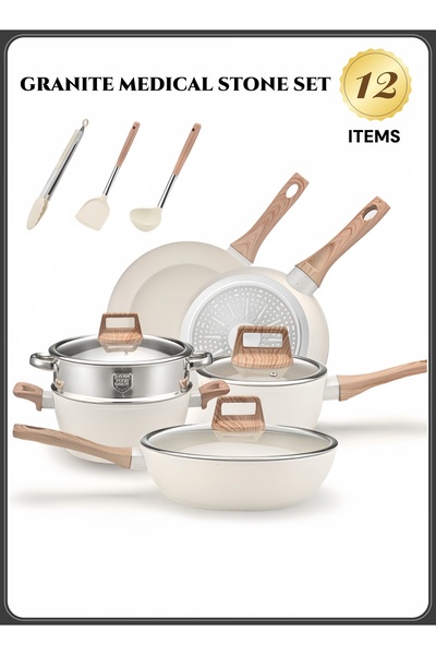 NIHAO طقم أواني طهي جرانيت ميديكال ستون غير لاصقة، 12 قطعة، خالية من حمض بيرفلورو الأوكتانويك، خالية من الرصاص، خالية من الكادميوم - بيج