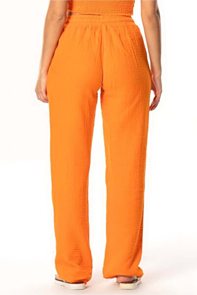 Eliş Şile Bezi Γυναικείο καλοκαιρινό παντελόνι μουσελίνα με διπλή τσέπη με κορδόνια πορτοκαλί Trnc