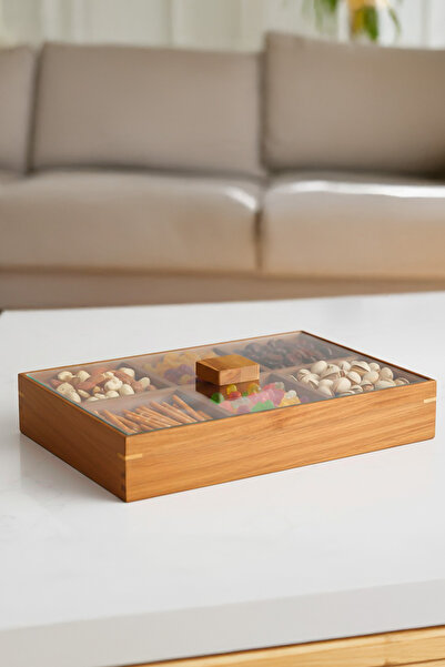 Porsima 76748 Acacia 6-Compartment Wooden Bamboo Snack Bowl with Lid Presentation Container Storage Container