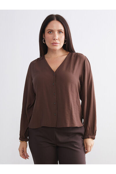 LC Waikiki Plus New Season Large Size V-Neck Textured Blouse