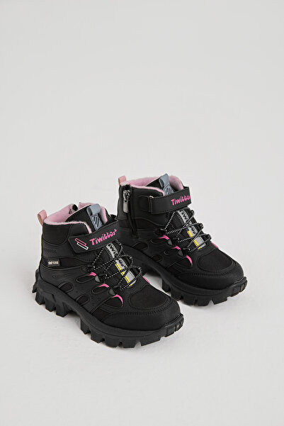 Tonny Black Çocuk Unisex Siyah Pudra Kalın Kauçuk Taban Lastik Bağcıklı Cırtlı Outdoor Trekking Bot