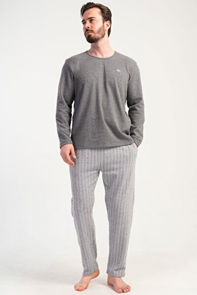 VİENETTA Ανδρικό σετ πιτζάμες με μακρυμάνικο λαιμόκοψη σε καπνιστό χρώμα C1T0N0105