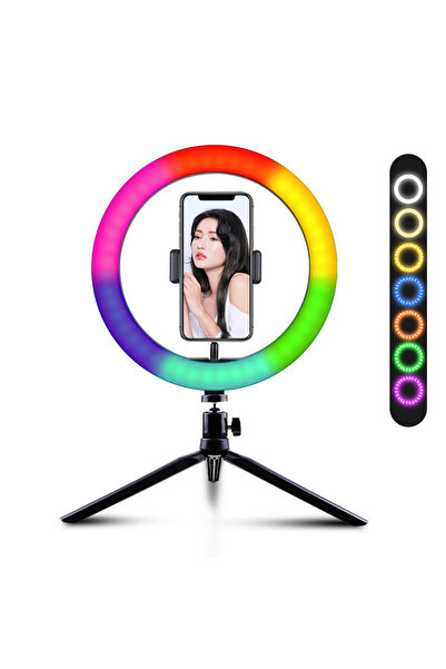 HOZRO Ring Light RGB 26cm cu Trepied Mic si Suport Telefon, Lumina Multicolora pentru Selfie si Vlogging