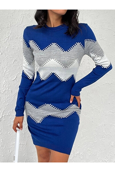 Butik    Women's Long Sleeve Zigzag Pattern Knitwear Dress