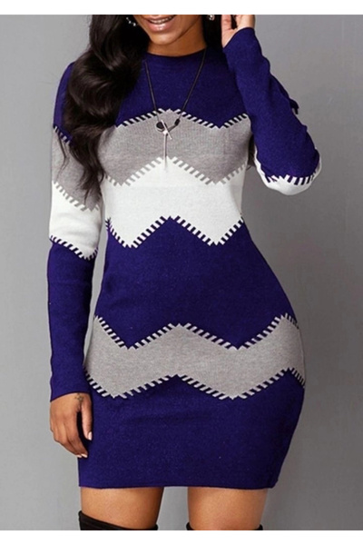 Butik    Women's Long Sleeve Zigzag Pattern Knitwear Dress