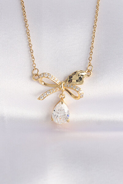 Skygo 316L Steel Chain Gold Color Zircon Stone Drop Detail Bow Necklace - Tj-Bko8690