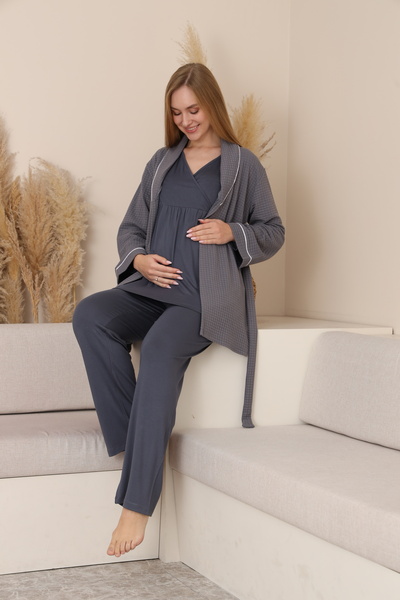 Miss Dünya Lissa Elara Quilted Long Sleeve Maternity and Postpartum Pajama Set Suitable for Breastfeeding