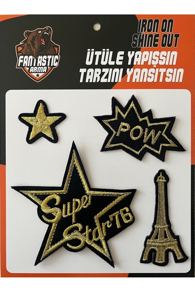 FANTASTIC ARMA Set de 4 broderii termoaplicabile – Superstar, Pow, Turnul Eiffel |   Etichetă de material textil |   Patch