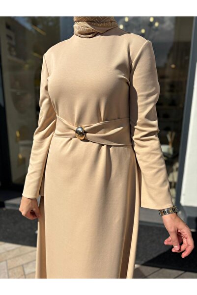 Babil Butik TD4600 Γυναικείο φόρεμα με λεπτομέρεια ζώνης Naksu Μπεζ