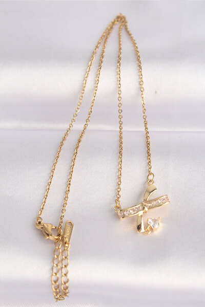 Skygo 316L Steel Chain Gold Color Zircon Stone Heart Detail Bow Necklace - Tj-Bko8622