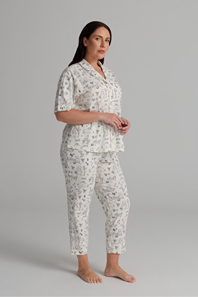 Hays Kadın Plus Size Pamuklu Kısa Kollu Gömlek Uzun Pijama Takımı