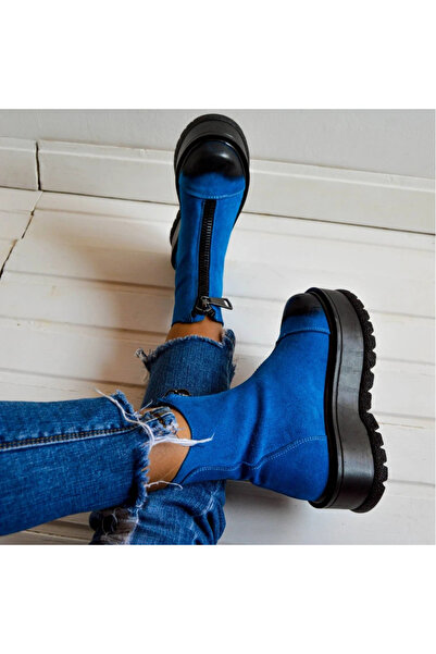 exclusives.ro Ghete dama - Blackpool - Electric Blue - fermoar oversized - talpa inalta - piele naturala velur