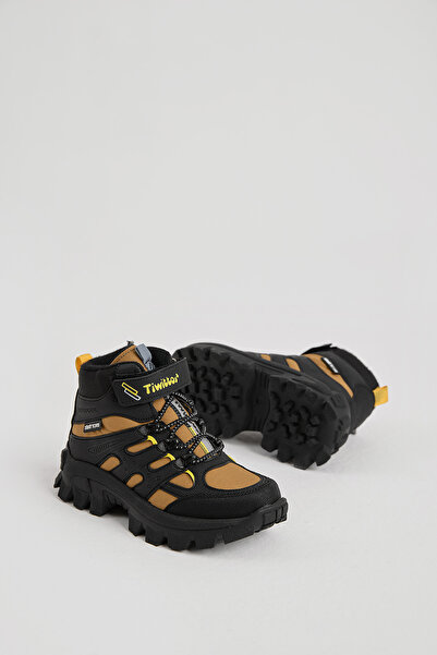 Tonny Black Çocuk Unisex Siyah Oranj Kalın Kauçuk Taban Lastik Bağcıklı Cırtlı Outdoor Trekking Bot