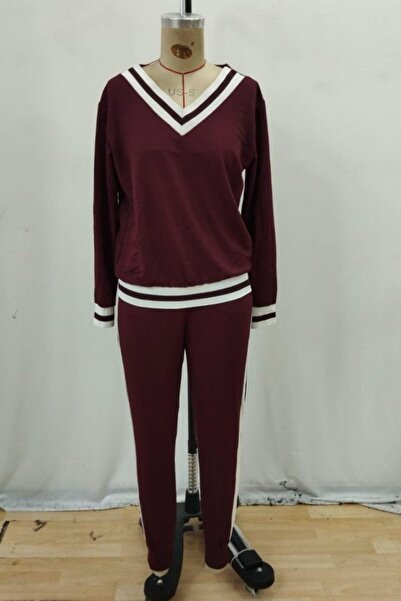 Mossta V-Neck Striped Detail Viscose Two Thread Blouse Pants Two-Piece Suit - Burgundy