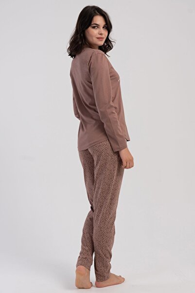 VİENETTA Women's Plus Size Brown Long Sleeve Polka Dot Bottom Pajama Set C7T5N3305