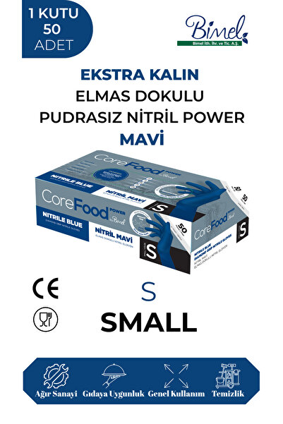 COREFOOD Nitril Mavi Power Pudrasız Muayene Eldiveni S- 1 Paket 50 li