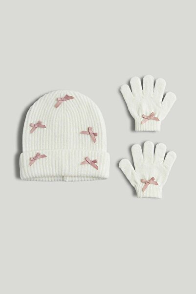 MOTHERCARE Cream Bow Beanie Hat and Gloves Set