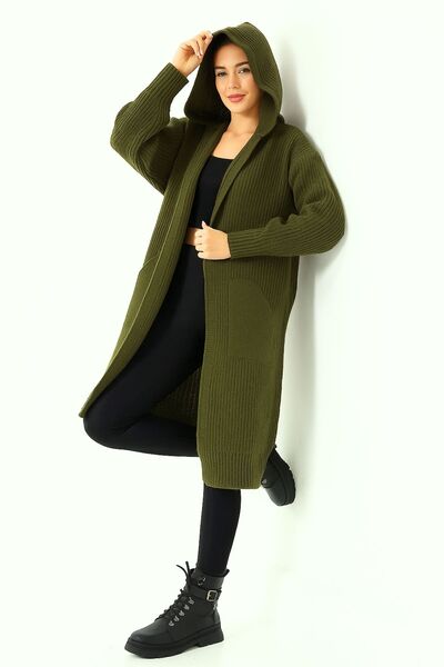 Devinka Women's Khaki Hooded Oversized Casual Long Pocket Knitwear Cardigan Dvka-0699