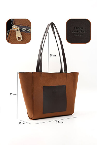 SHAKA Suede Tan/Brown Shk255 Large Size Faux Leather Hand, Arm and Shoulder Bag with Front Pocket and Zipper