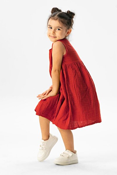 Eliş Şile Bezi Sleeveless Bilge Yazlık Muslin Children's Dress Red Krmz