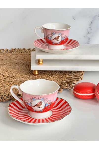 ROSSEV Turkish Coffee Cup Bird Red Pink 2 Person Set 4 Pieces
