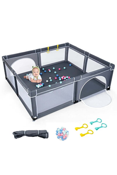 fulina Large Baby Playpen Safety Baby Play Yard w/ 50 Ocean Balls & 4 Handles Gray，1.8*2m
