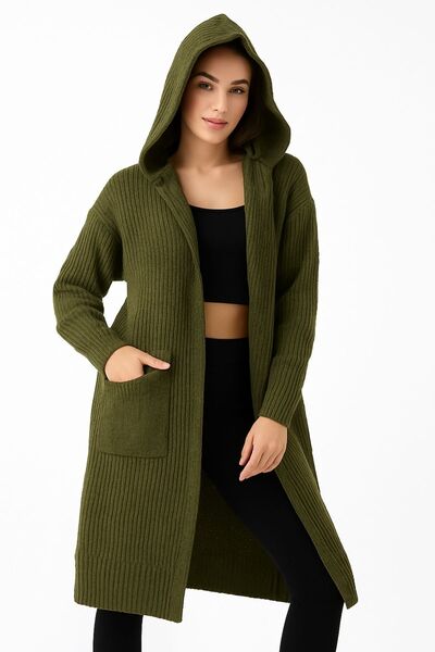 Devinka Women's Khaki Hooded Oversized Casual Long Pocket Knitwear Cardigan Dvka-0699