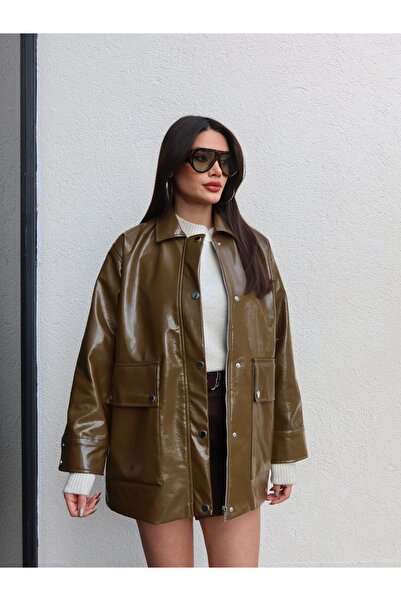 ESRAHELVACI Δερμάτινο μπουφάν με γυαλιστερό κουμπωτό κούμπωμα