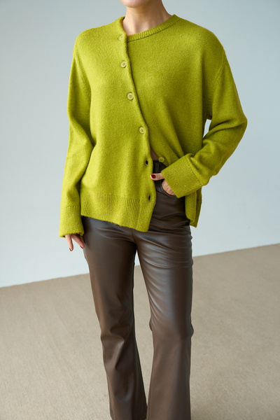 LOOSH Kadın Çimen Yeşil Bisiklet Yaka Asimetrik Düğmeli Triko Hırka