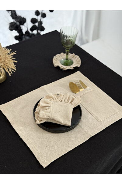 KaiAtelier 4Lü Natural Ham Keten Kaşıklık Detaylı Amerikan Servis/ Supla