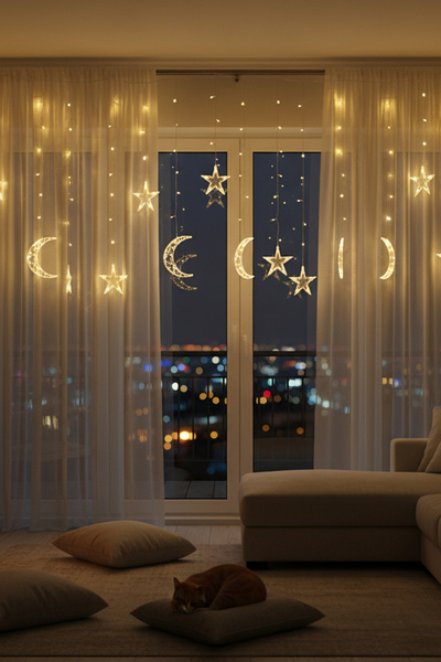 Onetick Yılbaşı Led Animasyonlu Ay-Yıldız Perde Saçak Led | 3.5 Metre