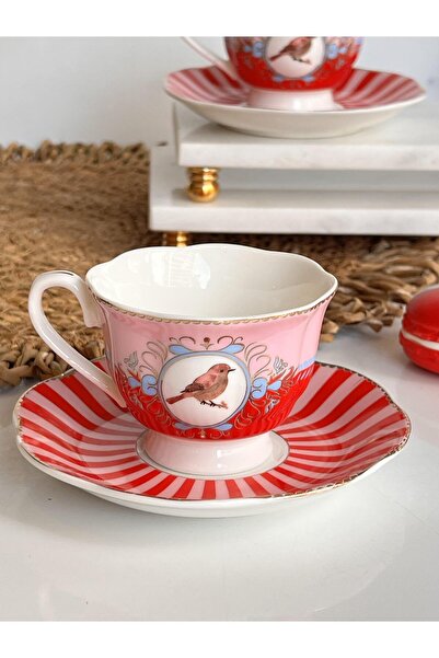 ROSSEV Turkish Coffee Cup Bird Red Pink 2 Person Set 4 Pieces