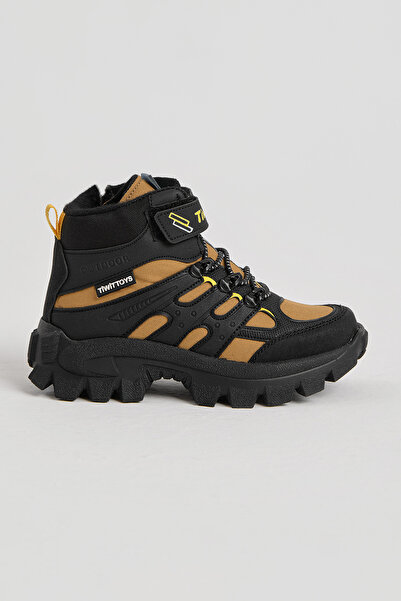 Tonny Black Çocuk Unisex Siyah Oranj Kalın Kauçuk Taban Lastik Bağcıklı Cırtlı Outdoor Trekking Bot