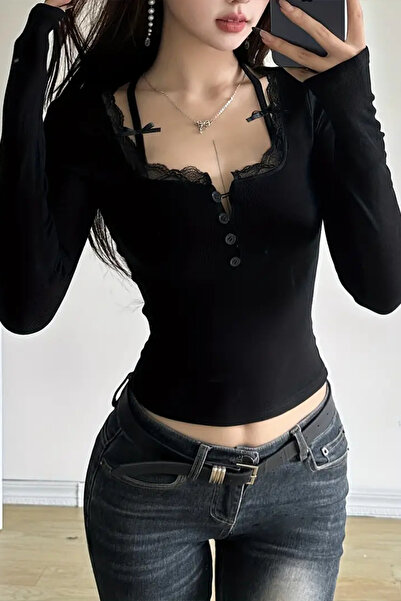 Karakedi Siyah Dantelli Geniş Yaka Askılı Fiyonklu Y2K Uzun Kollu Crop