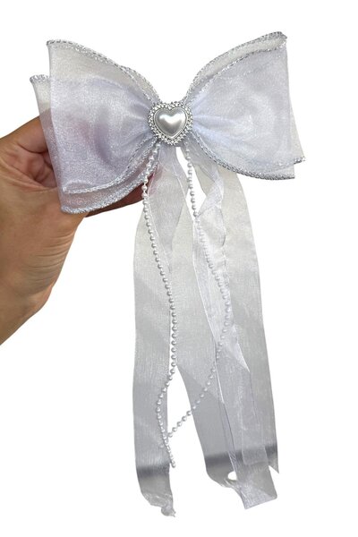 TAKIŞTIR White Color Heart Shaped Pearl Detailed Ribbon Vending Machine Buckle