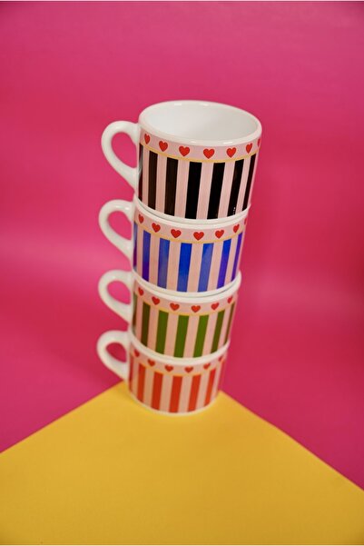 Vivas Set of 4 Striped Heart Model 4 Color Double Turkish Coffee Cups, Small Mug