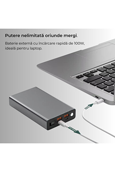 Voltres External Battery 20000mAh, 100W Charging Power, 2x USB-C & 2x USB-A, Trickle Mode, Compact