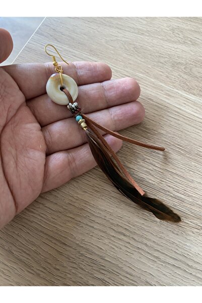 dela otantik Single Feather Bohemian Long Earrings – Handmade Authentic Jewelry with Ceramic Beads and Feather Detail - Feather Earrings