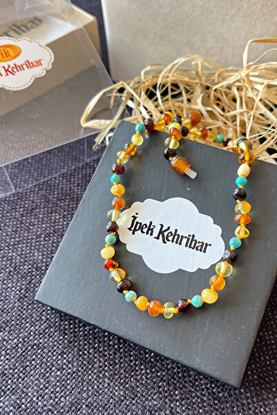 İpek Kehribar Turquoise Detailed Lithuanian Certified Genuine Baltic Amber Necklace – Baby & Children's Necklace Silk-342