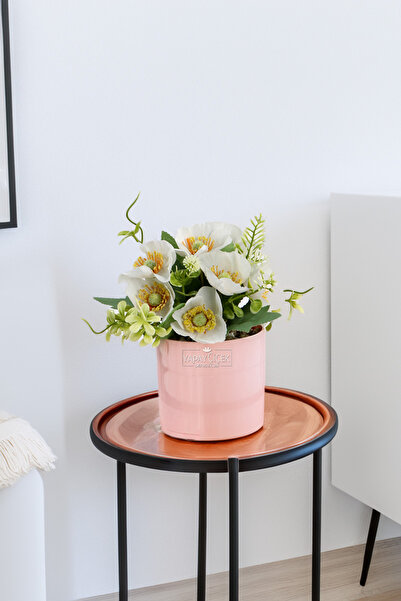 Yapay Çiçek Deposu Изкуствена стъклена красавица в жълт саксия, бяла, 20 см