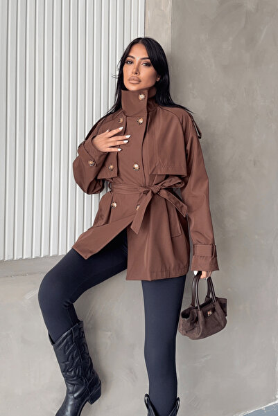 giyimmasalı Bondit Kumaş Hakim Yaka Trençkot - KAHVERENGİ