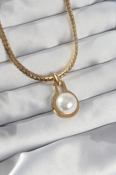 Skygo 316L Steel Gold Color Flat Chain Pearl Rhinestone Necklace - Tj-Bko8903