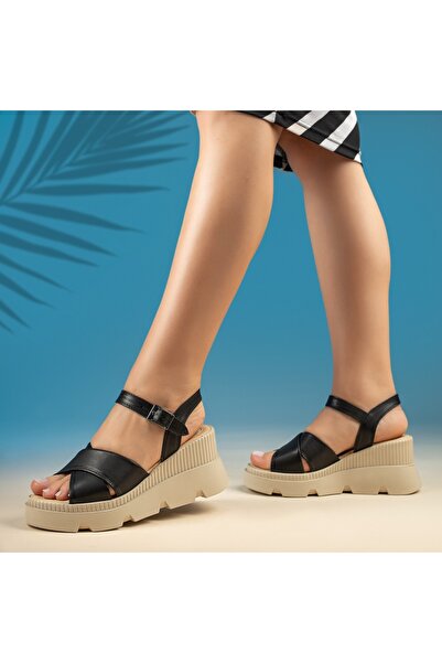 BMoD Sandale negre pentru femei din piele naturală cu platformă și baretă MOD...