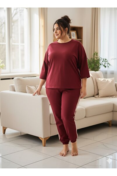 FAMESTEKSTİL Women's Plus Size Burgundy Tracksuit Set