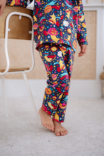 Lilabio Front Buttoned Children's Pajama Set with Space Pattern, Ages 2-6