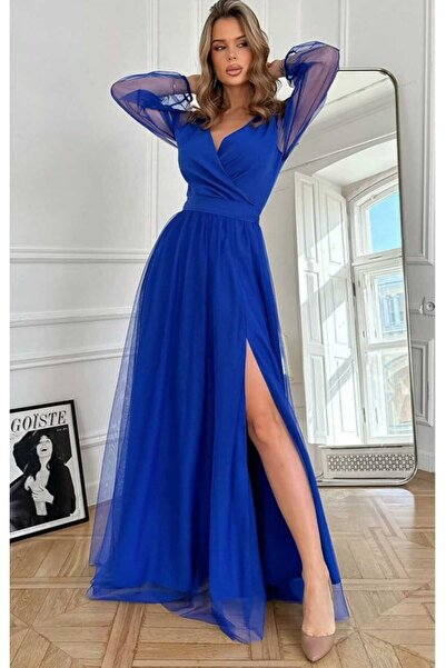 Kokosh moda Kadın Kruvaze Yaka Belde Kuşak Detaylı Tüllü Uzun Abiye Davet Gece Elbisesi