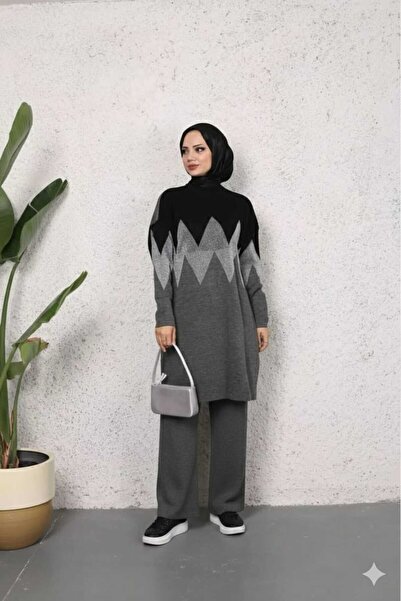 KAYA BUTİK Zigzag Patterned Glitter Knitwear Tunic Set with Trousers