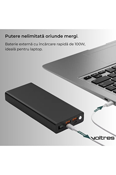 Voltres External Battery 30000mAh, 100W Charging Power, 2x USB-C & 2x USB-A, Trickle Mode, Compact
